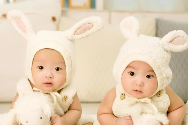 Baby twins in rabbit hats